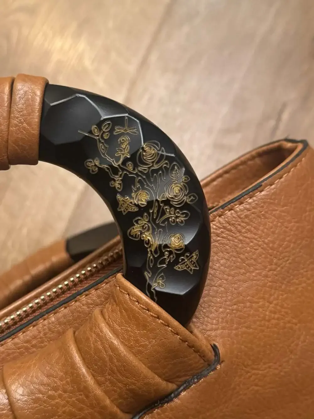 PACD Brown Satchel with Embossed Rose Floral Detail and Sculpted Ring Handles